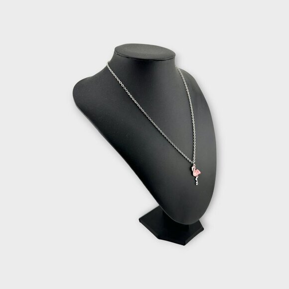 Pink Flamingo Enamel Necklace Diamond Cut Stainless Steel Chain - Picture 6 of 11